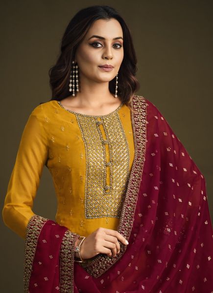 Mustard Yellow & Red Soft Organza Zarkan-Work Salwar Kameez For Traditional / Religious Occasions