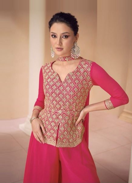 Magenta Real Chinon Silk Embroidered Party-Wear Readymade Indo-Western Outfit