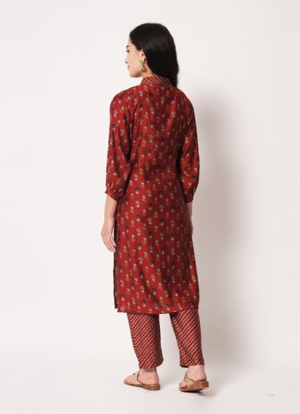 Maroon Chanderi Silk Printed Festive-Wear Readymade Kurti With Pant