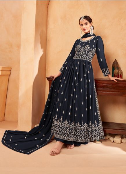 Navy Blue Georgette Embroidered Party-Wear Nyra-Cut Salwar Kameez