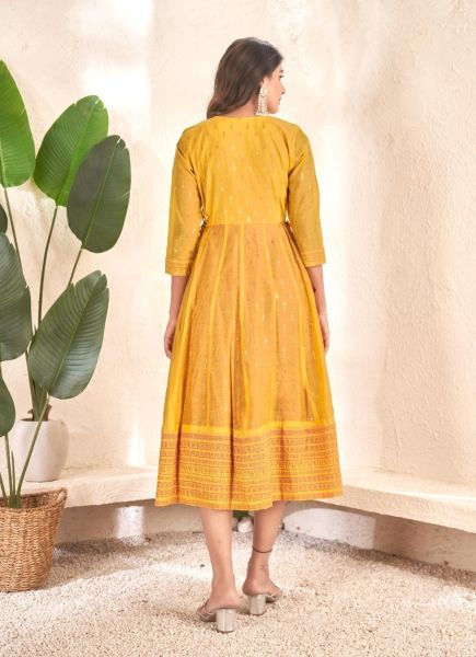 Yellow & Magenta Cotton With Foil Printed Party-Wear Readymade Anarkali Kurti