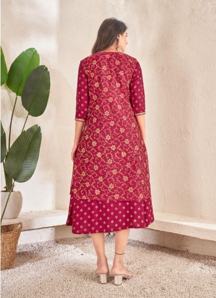 Wine Red Cotton With Foil Printed Party-Wear Readymade Anarkali Kurti