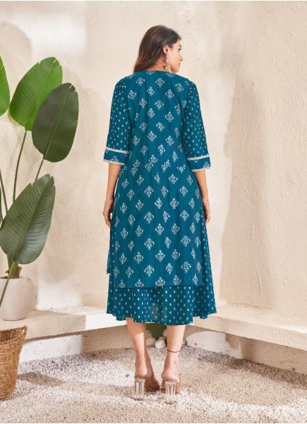 Sea Blue Cotton With Foil Printed Party-Wear Readymade Anarkali Kurti