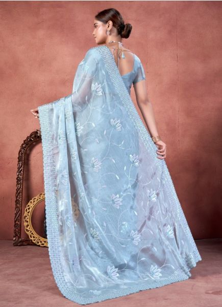 Light Steel Blue Burberry Silk Thread & Sequins-Work Saree For Kitty Parties