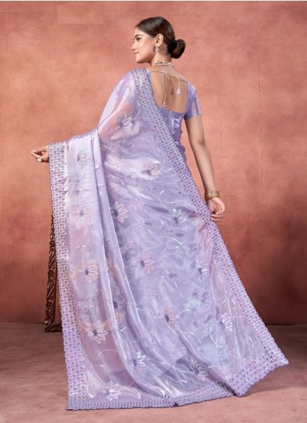 Lavender Burberry Silk Thread & Sequins-Work Saree For Kitty Parties