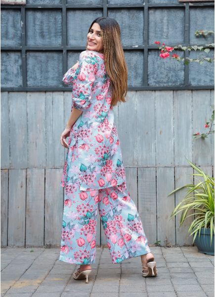 Sky Blue & Pink Cotton Printed Resort-Wear Co-Ord Set