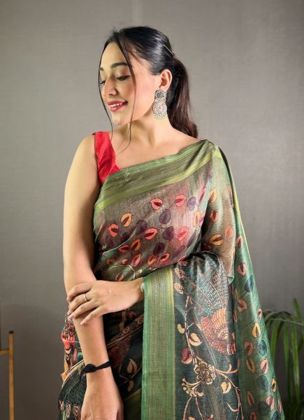 Green Pashmina Silk Floral Digitally Printed Festive-Wear Saree
