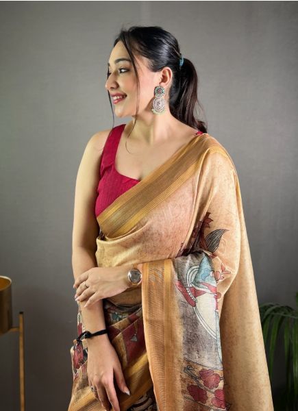 Burlywood Pashmina Silk Floral Digitally Printed Festive-Wear Saree
