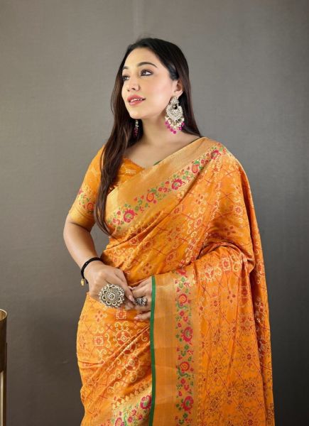 Orange Silk Bandhani Weaving Ready-To-Wear Saree For Traditional / Religious Occasions