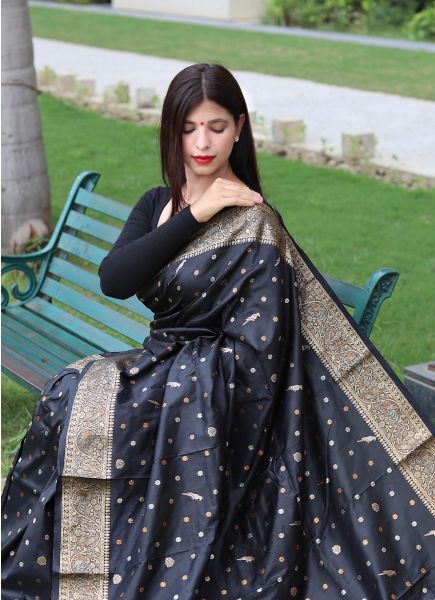 Black Organza Weaving Festive-Wear Soft Silk Saree