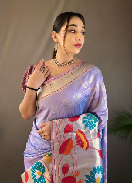 Lavender Woven Paithani Silk Saree For Traditional / Religious Occasions