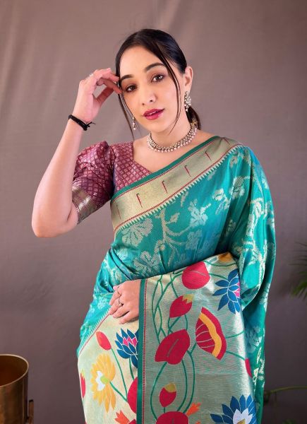 Teal Blue Woven Paithani Silk Saree For Traditional / Religious Occasions