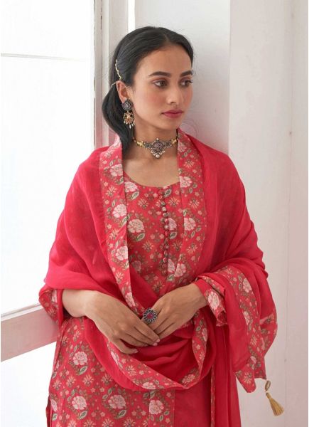 Red Muslin Printed Festive-Wear Palazzo-Bottom Readymade Salwar Kameez
