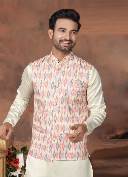 White Cotton Digitally Printed Kurta, Pyjama With Jacket For Traditional / Religious Occasions