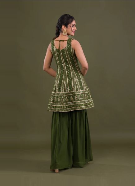Olive Green Georgette Sequins-Work Gharara-Bottom Readymade Salwar Kameez