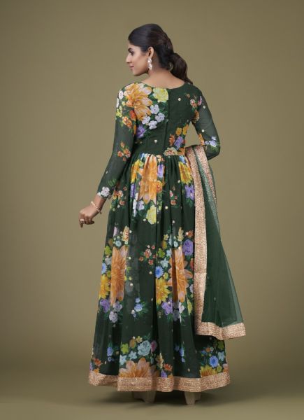 Dark Green Faux Georgette Digitally Printed Resort-Wear Anarkali Salwar Kameez