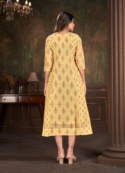 Creamy Yellow Cotton Printed Festive-Wear Anarkali Kurti