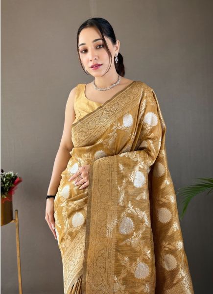 Dull Brown Woven Linen-Cotton Saree For Traditional / Religious Occasions