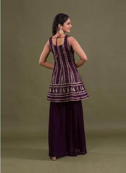Dark Purple Georgette Sequins-Work Gharara-Bottom Readymade Salwar Kameez