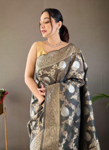 Gray Woven Linen-Cotton Saree For Traditional / Religious Occasions