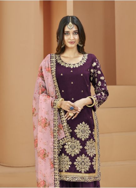 Purple Art Silk Mirror-Work Patiala Salwar Kameez