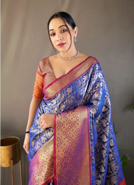 Royal Blue Woven Silk Pattu (Temple-Border) Saree For Traditional / Religious Occasions