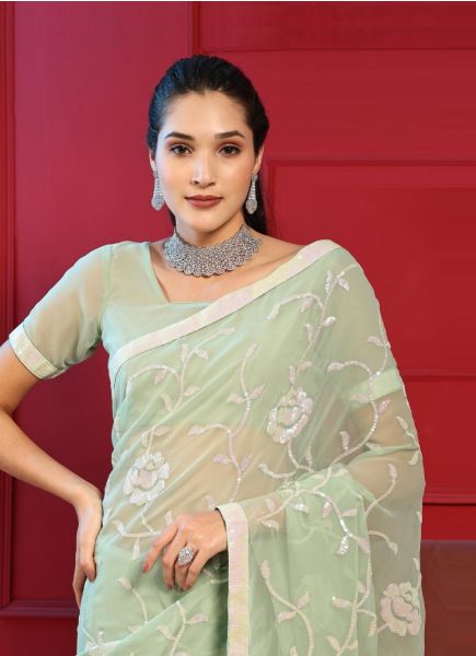 Light Sage Green Blooming Georgette Sequins-Work Party-Wear Saree