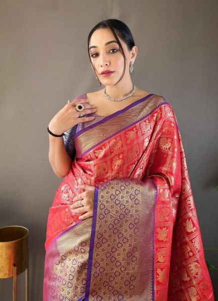 Red Woven Silk Pattu (Temple-Border) Saree For Traditional / Religious Occasions