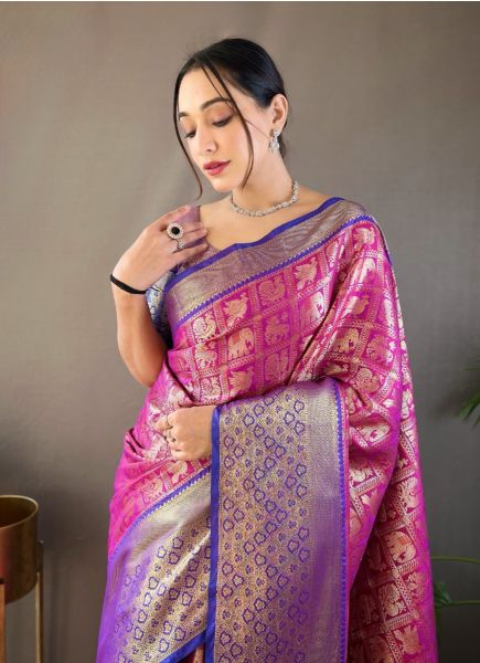 Purple Woven Silk Pattu (Temple-Border) Saree For Traditional / Religious Occasions