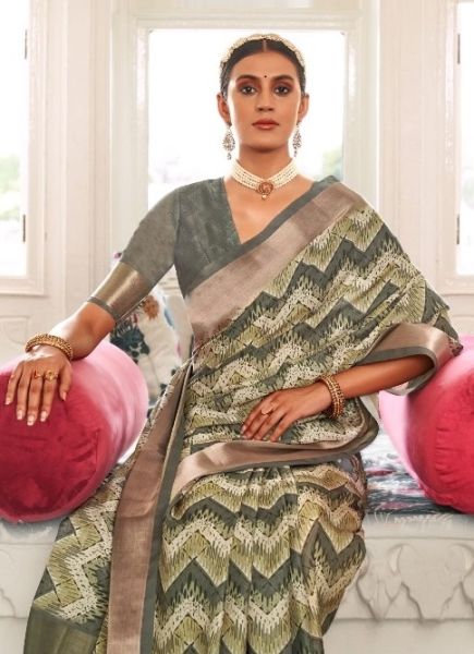 Sage Green Viscose Dola Silk Digitally Printed Saree For Traditional / Religious Occasions