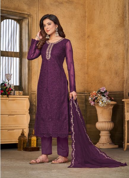 Purple Net Embroidered Party-Wear Straight-Cut Salwar Kameez
