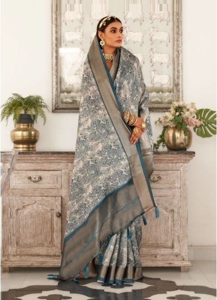 Steel Blue Viscose Dola Silk Digitally Printed Saree For Traditional / Religious Occasions