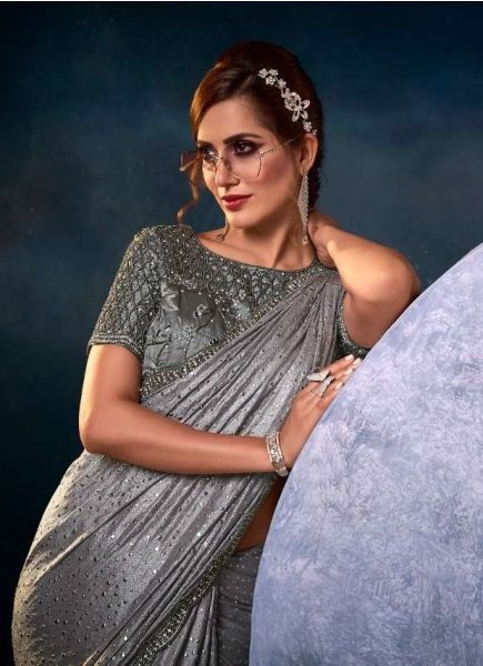 Silver Gray Imported Lycra Hand-Embellished Bridal Saree For Wedding