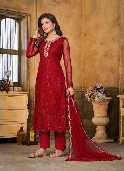 Red Net Embroidered Party-Wear Straight-Cut Salwar Kameez