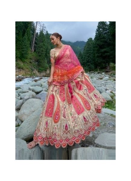 Dark Pink & Cream Viscose Zari with Hand Embroidery Bridal Lehenga Choli For Weddings