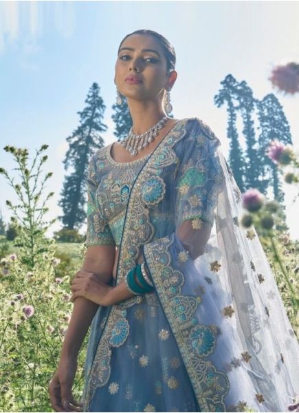 Light Steel Blue Viscose Zari with Hand Embroidery Bridal Lehenga Choli For Weddings