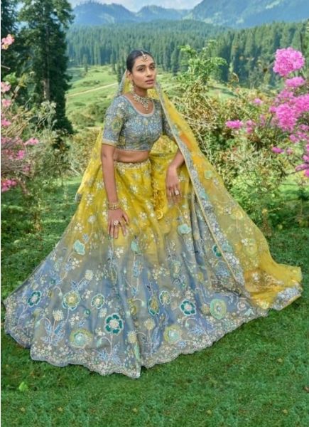Yellow & Steel Blue Viscose Zari with Hand Embroidery Bridal Lehenga Choli For Weddings