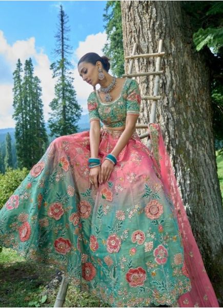 Pink & Aqua Viscose Zari with Hand Embroidery Bridal Lehenga Choli For Weddings