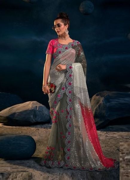 Handmade Diamond Zircon Work Net Red Saree Designer Bridal Party Sari Blouse  | eBay