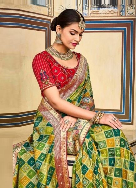 Light Green Pure Dola With Printed & Hand-Work Wedding-Wear Bridal Saree