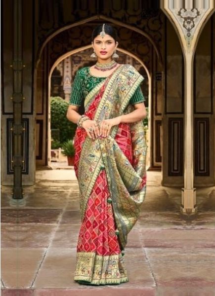 Red & Pink Pure Dola With Printed & Hand-Work Wedding-Wear Bridal Saree