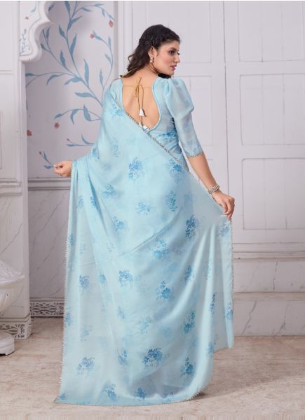 Sky Blue Satin Georgette Digitally Printed Carnival Saree For Kitty Parties