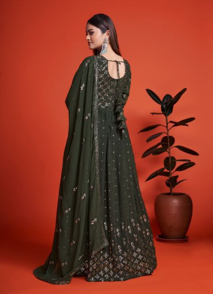 Dark Moss Green Blooming Georgette Sequins-Work Gown With Dupatta