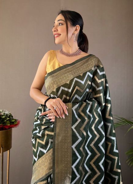 Bottle Green Woven Cotton Linen Leheriya Saree For Traditional / Religious Occasions