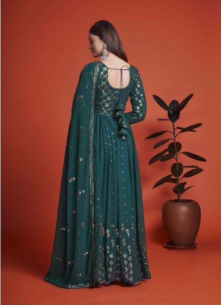 Dark Teal Blue Blooming Georgette Sequins-Work Gown With Dupatta