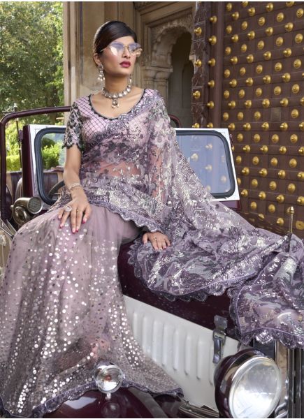 Lilac Imported Net Handwork Wedding-Wear Bridal Saree