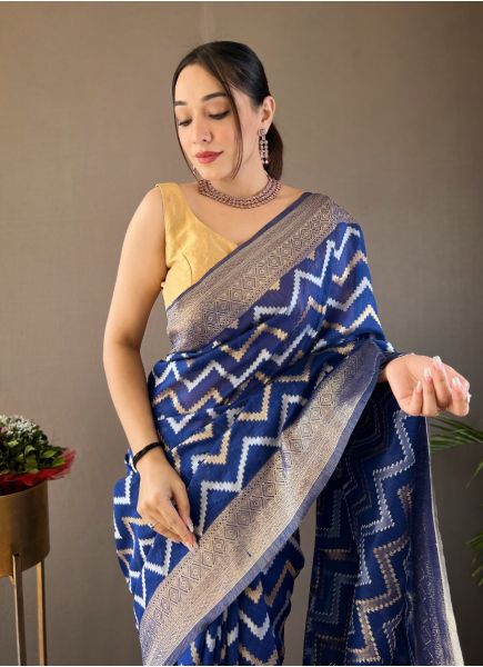 Blue Woven Cotton Linen Leheriya Saree For Traditional / Religious Occasions