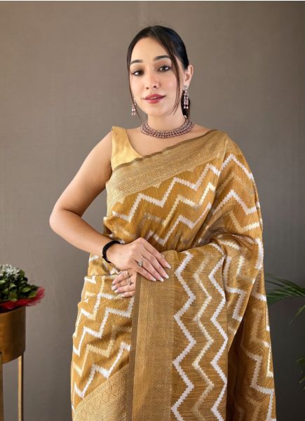 Burlywood Woven Cotton Linen Leheriya Saree For Traditional / Religious Occasions