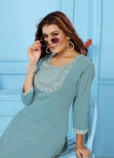 Light Blue Wrinkle Cotton Thread-Work Office-Wear Readymade Kurti With Pant