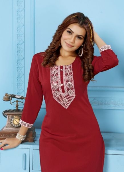 Red Wrinkle Cotton Thread-Work Office-Wear Readymade Kurti With Pant